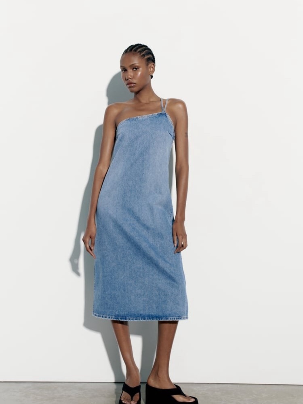 Zara Light Blue Denim One-Shoulder Midi Dress
